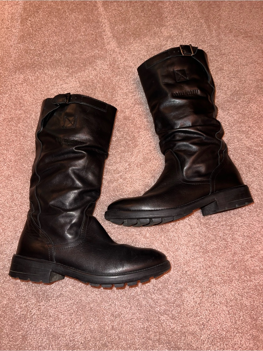 Miu Miu Black Leather Mid-Calf Moto Boots